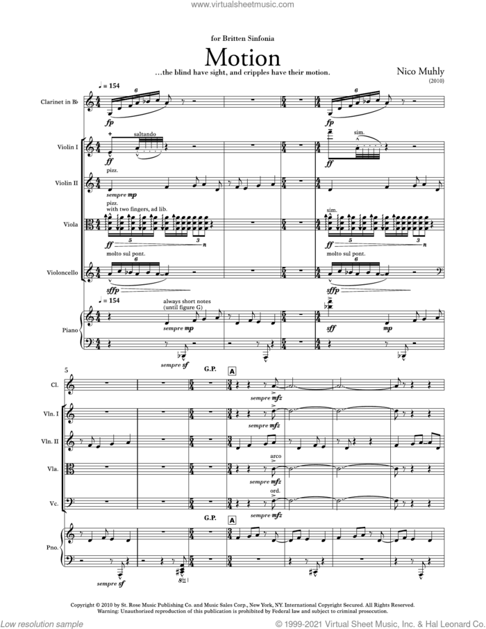 Motion sheet music for mixed ensemble (score ands) by Nico Muhly, classical score, intermediate skill level