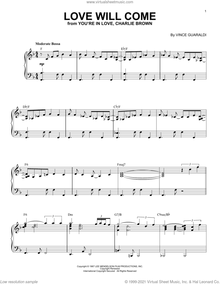 Love Will Come (from You're In Love, Charlie Brown) sheet music for piano solo by Vince Guaraldi, intermediate skill level