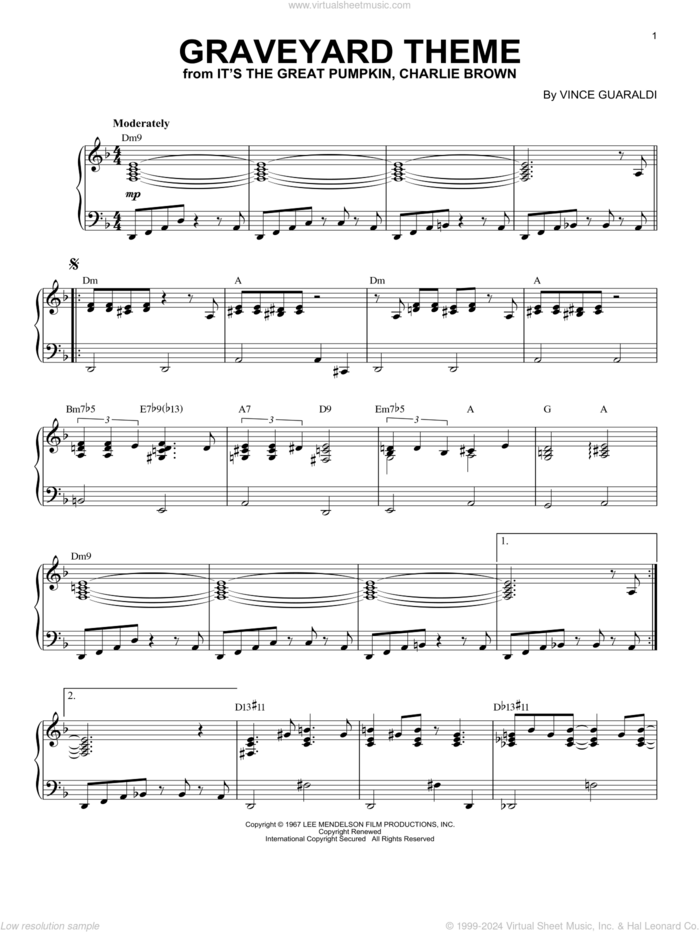 Graveyard Theme (from It's The Great Pumpkin, Charlie Brown) sheet music for piano solo by Vince Guaraldi, intermediate skill level