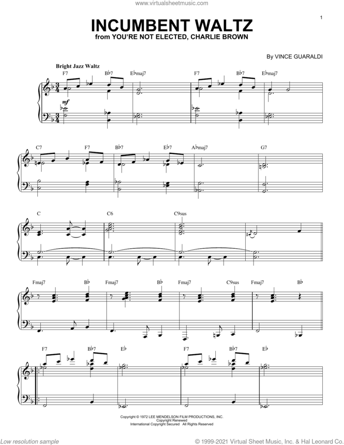 Incumbent Waltz (from You're Not Elected, Charlie Brown) sheet music for piano solo by Vince Guaraldi, intermediate skill level