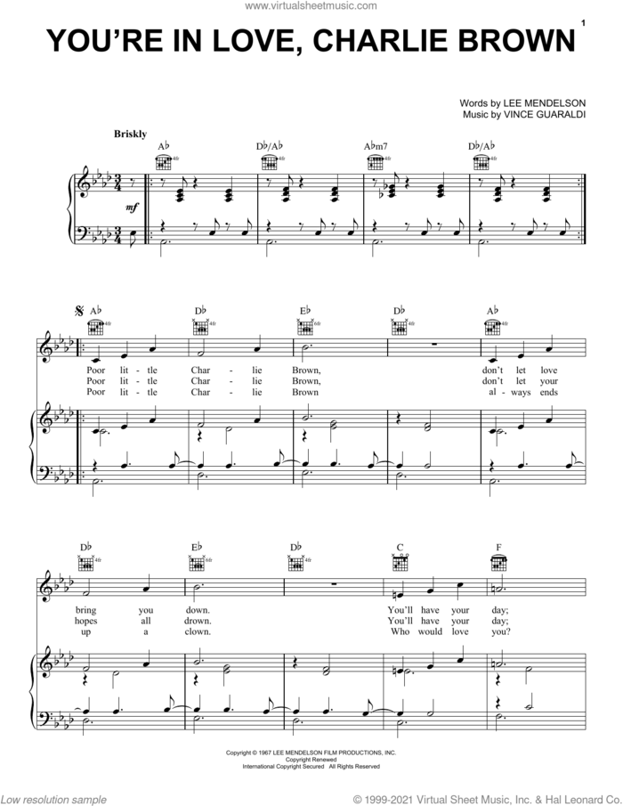 You're In Love, Charlie Brown sheet music for voice, piano or guitar by Vince Guaraldi and Lee Mendelson, intermediate skill level