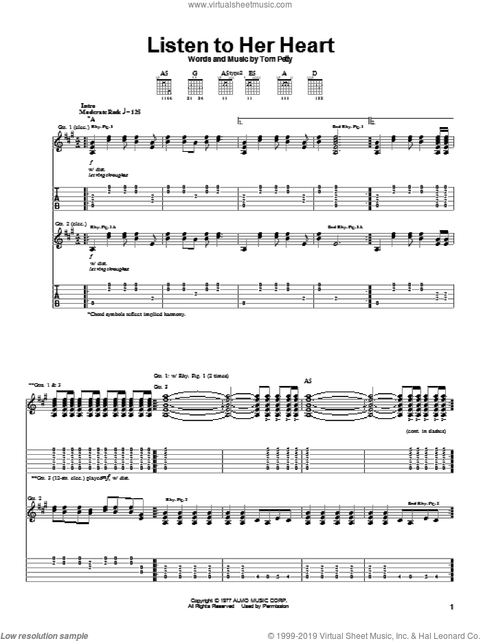 Listen To Her Heart sheet music for guitar (tablature) by Tom Petty And The Heartbreakers and Tom Petty, intermediate skill level