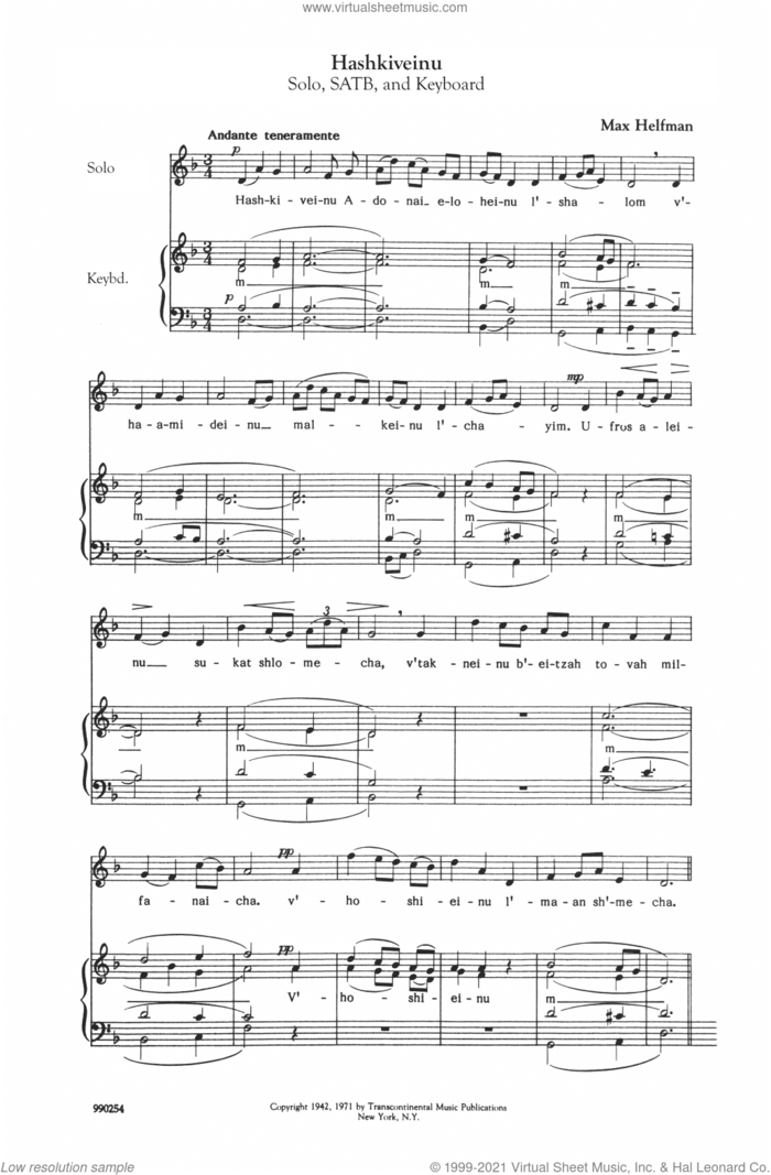 Hashkiveinu sheet music for choir (SATB: soprano, alto, tenor, bass) by Max Helfman, classical score, intermediate skill level