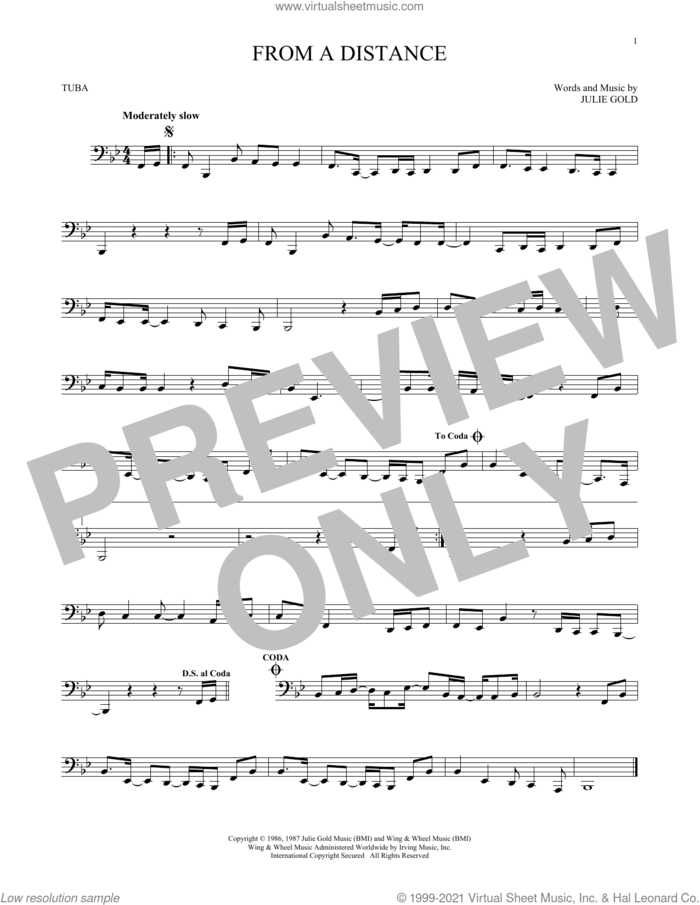 From A Distance sheet music for Tuba Solo (tuba) by Bette Midler and Julie Gold, intermediate skill level