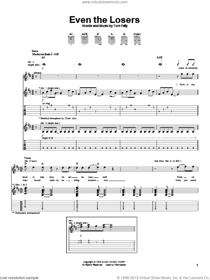 Even The Losers sheet music for guitar (tablature) by Tom Petty And The Heartbreakers and Tom Petty, intermediate skill level