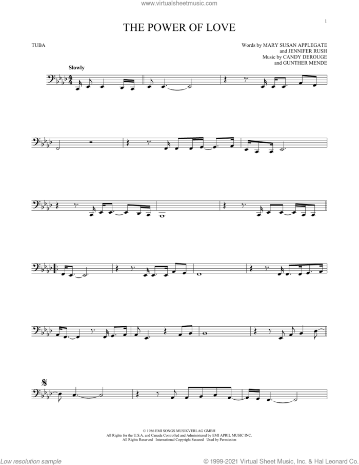The Power Of Love sheet music for Tuba Solo (tuba) by Celine Dion, Air Supply, Candy Derouge, Gunther Mende, Jennifer Rush and Mary Susan Applegate, intermediate skill level