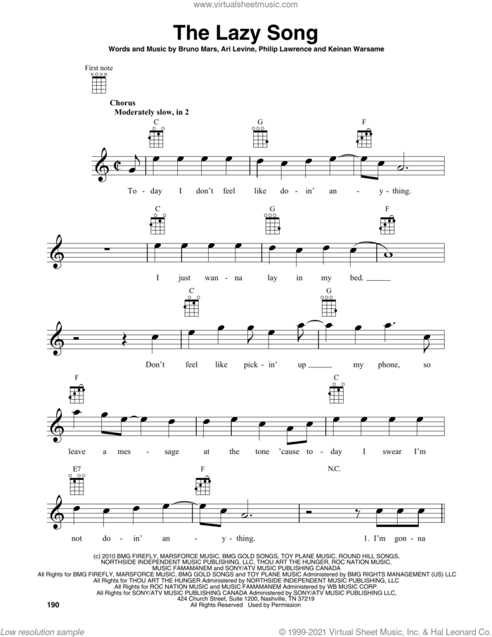 The Lazy Song sheet music for baritone ukulele solo by Bruno Mars, Ari Levine, Keinan Warsame and Philip Lawrence, intermediate skill level