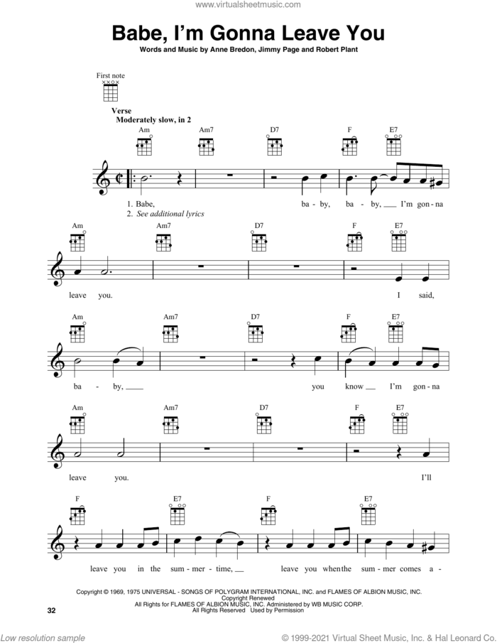 Babe, I'm Gonna Leave You sheet music for baritone ukulele solo by Led Zeppelin, Anne Bredon, Jimmy Page and Robert Plant, intermediate skill level