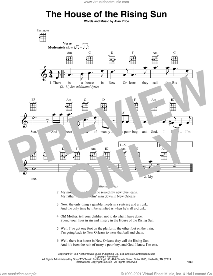 The House Of The Rising Sun sheet music for baritone ukulele solo by The Animals and Alan Price, intermediate skill level