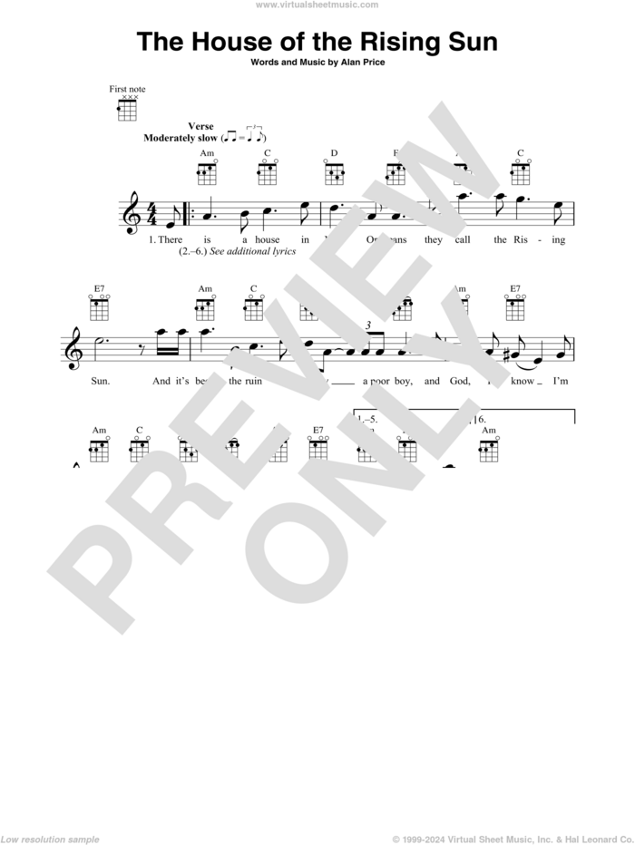 The House Of The Rising Sun sheet music for baritone ukulele solo by The Animals and Alan Price, intermediate skill level