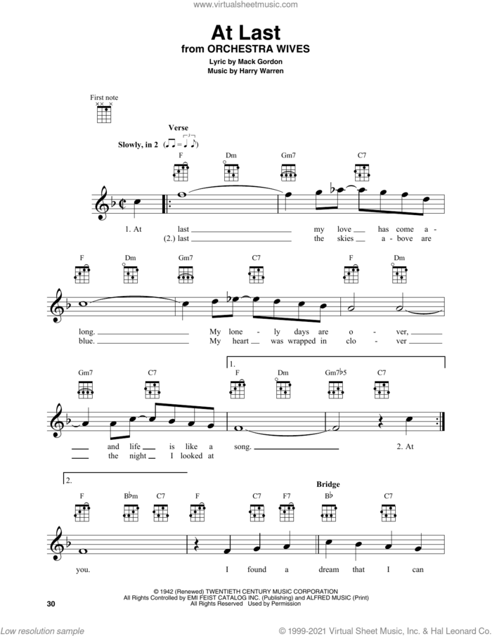 At Last sheet music for baritone ukulele solo by Etta James, Harry Warren and Mack Gordon, intermediate skill level