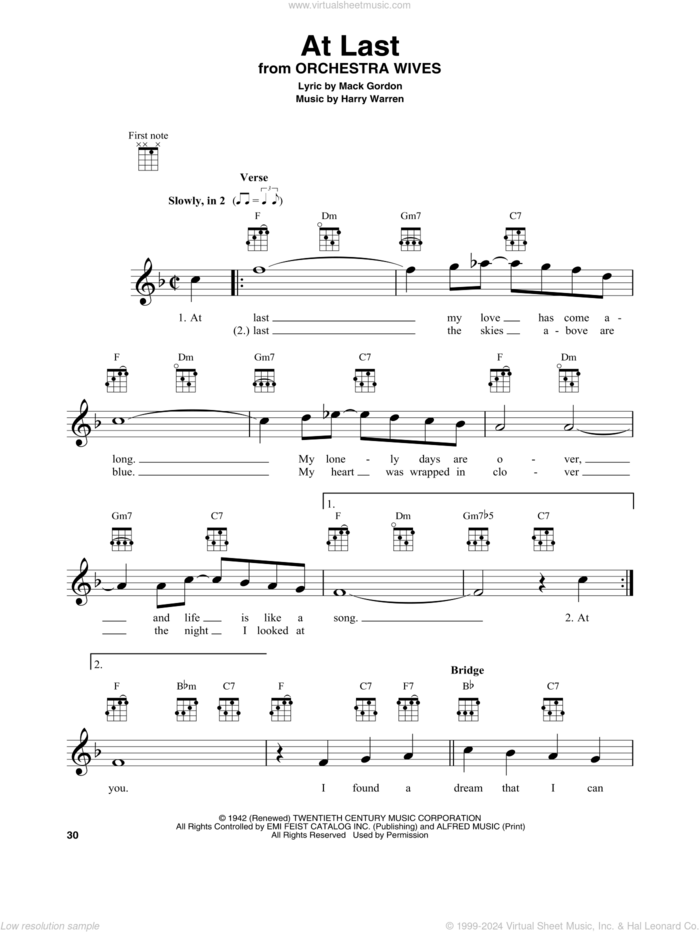 At Last sheet music for baritone ukulele solo by Etta James, Harry Warren and Mack Gordon, wedding score, intermediate skill level