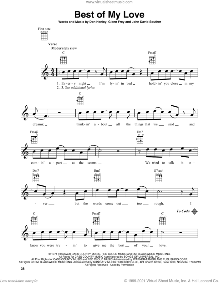 Best Of My Love sheet music for baritone ukulele solo by The Eagles, Don Henley, Glenn Frey and John David Souther, intermediate skill level