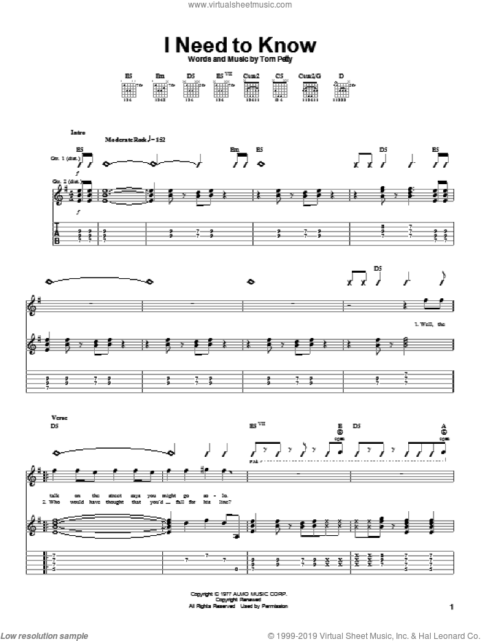 I Need To Know sheet music for guitar (tablature) by Tom Petty And The Heartbreakers and Tom Petty, intermediate skill level