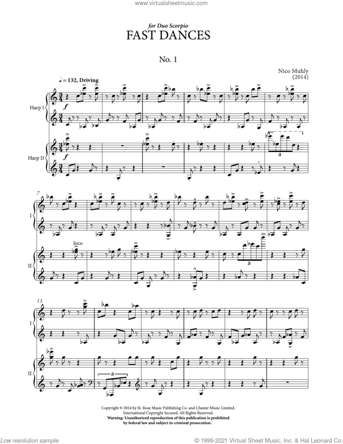 Fast Dances (for 2 Harps) sheet music for mixed ensemble (score ands) by Nico Muhly, classical score, intermediate skill level