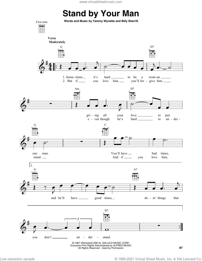 Stand By Your Man sheet music for baritone ukulele solo by Tammy Wynette and Billy Sherrill, intermediate skill level