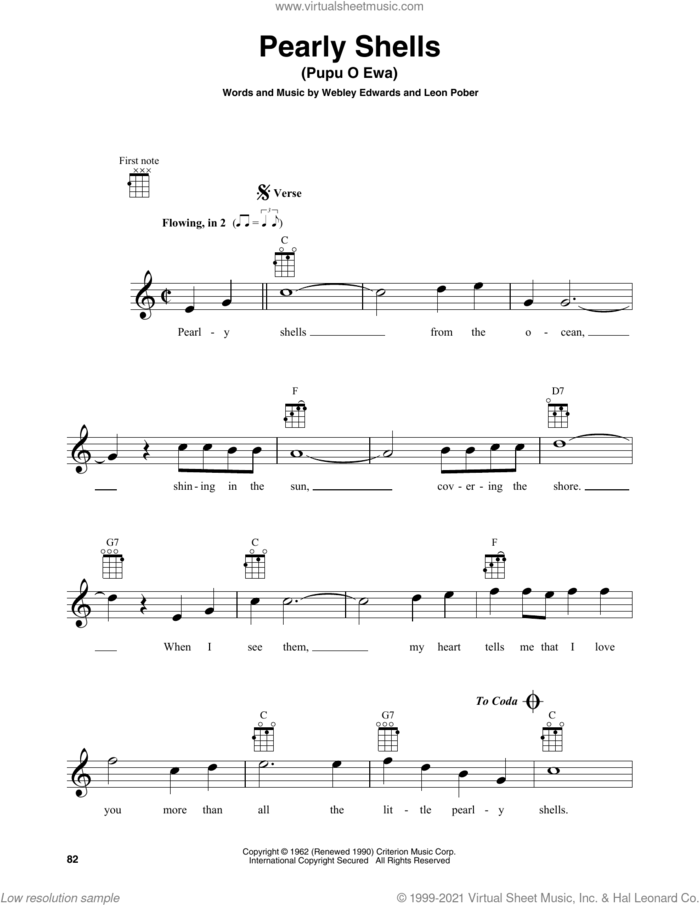 Pearly Shells (Pupu O Ewa) sheet music for baritone ukulele solo by Leon Pober and Webley Edwards, intermediate skill level