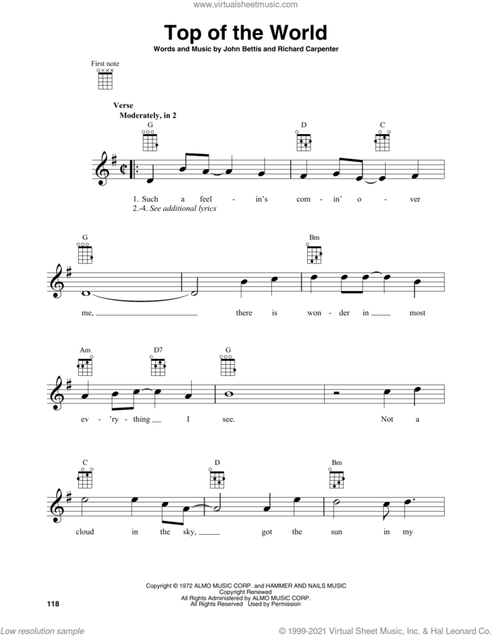 Top Of The World sheet music for baritone ukulele solo by Richard Carpenter, Carpenters and John Bettis, intermediate skill level