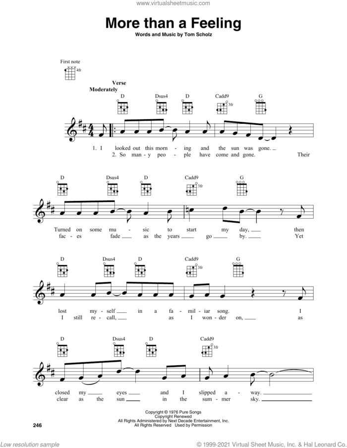 More Than A Feeling sheet music for baritone ukulele solo by Boston and Tom Scholz, intermediate skill level