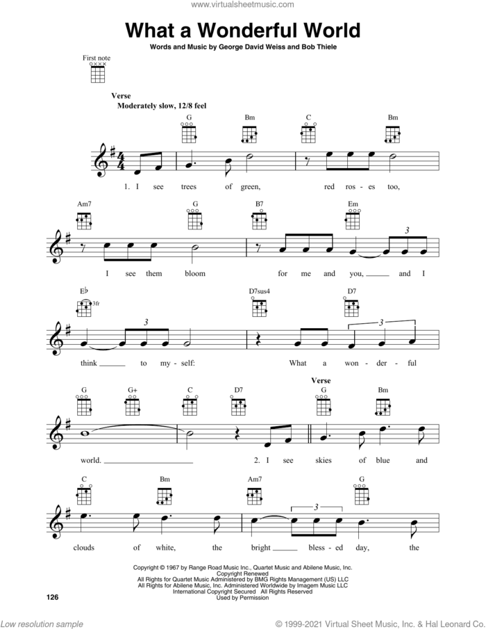 What A Wonderful World sheet music for baritone ukulele solo by Louis Armstrong, Bob Thiele and George David Weiss, intermediate skill level