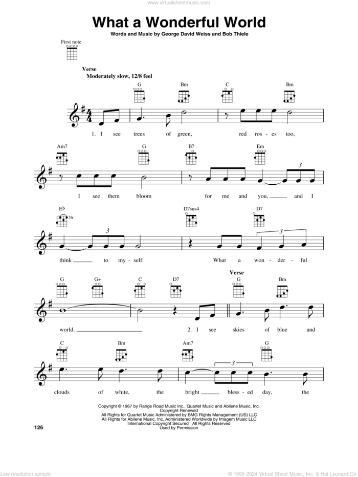 What A Wonderful World sheet music for baritone ukulele solo by Louis Armstrong, Bob Thiele and George David Weiss, intermediate skill level