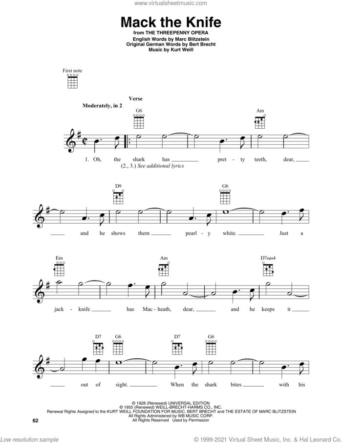 Mack The Knife sheet music for baritone ukulele solo by Bobby Darin, Bertolt Brecht, Kurt Weill and Marc Blitzstein, intermediate skill level