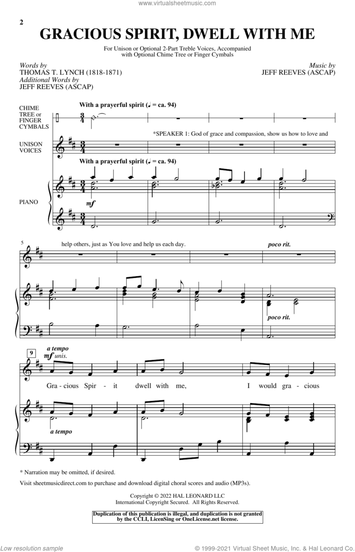 Gracious Spirit, Dwell With Me sheet music for choir (Unison) by Jeff Reeves and Thomas T. Lynch and Jeff Reeves and Thomas T. Lynch, intermediate skill level