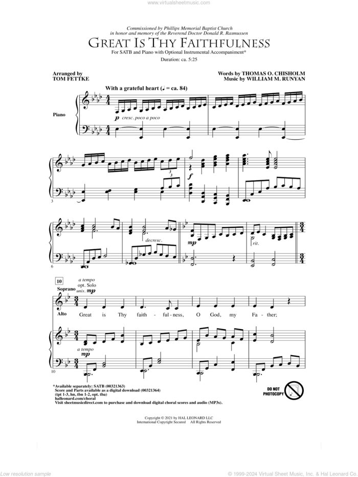 Great Is Thy Faithfulness (arr. Tom Fettke) sheet music for choir (SATB: soprano, alto, tenor, bass) by Thomas O. Chisholm and William M. Runyan, Tom Fettke, William M. Runyan and Thomas O. Chisholm, intermediate skill level