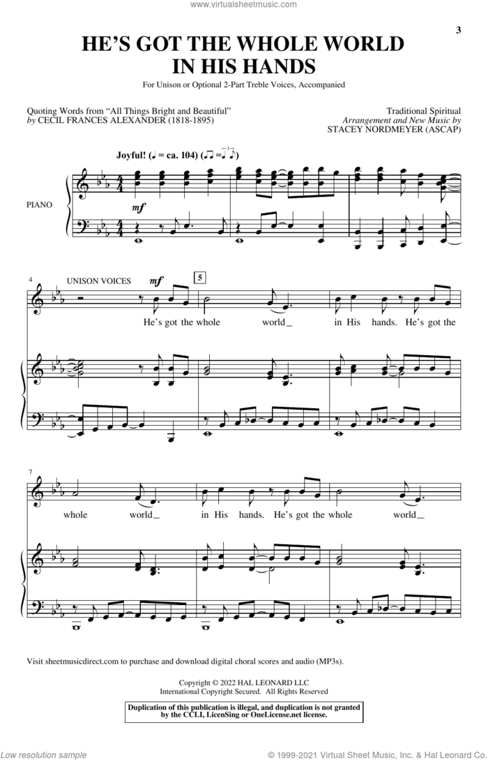 He's Got The Whole World In His Hands (arr. Stacey Nordmeyer) sheet music for choir (Unison)  and Stacey Nordmeyer, intermediate skill level