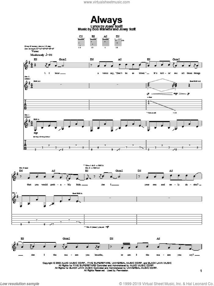 Always sheet music for guitar (tablature) by Saliva, Bob Marlette and Josey Scott, intermediate skill level