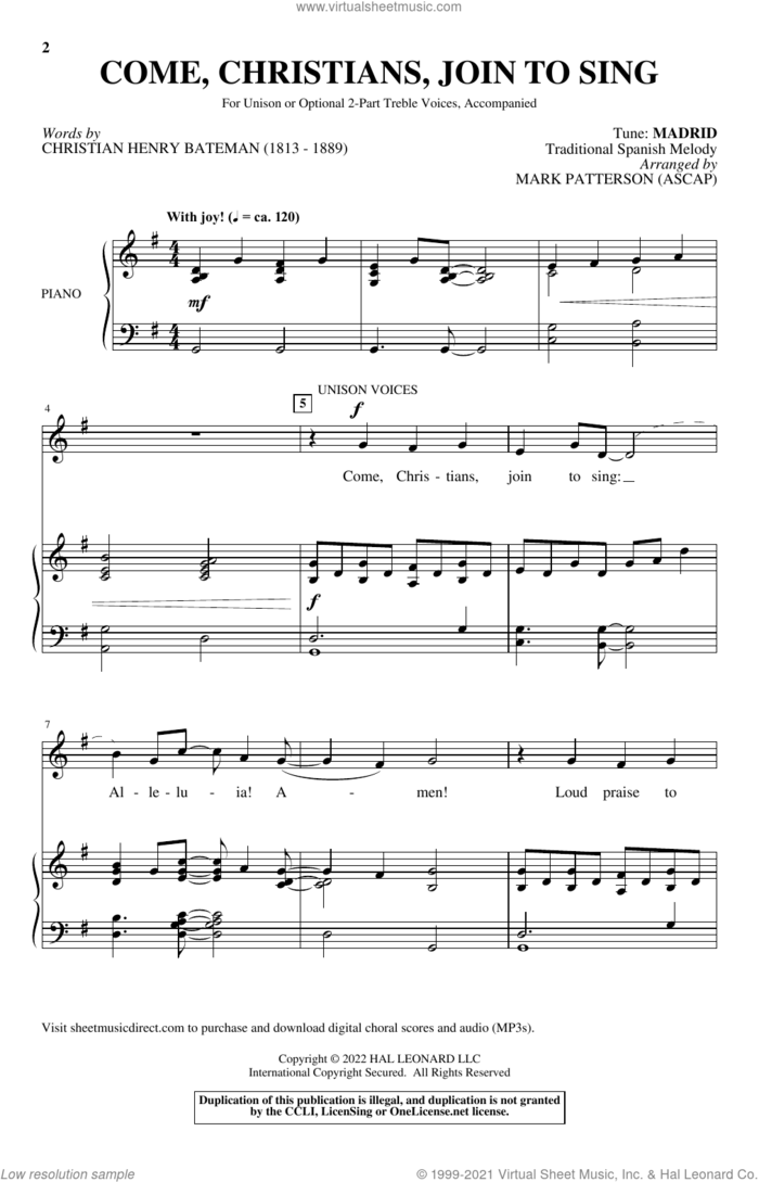 Come, Christians, Join To Sing (arr. Mark Patterson) sheet music for choir (Unison) , Mark Patterson and Christian Henry Bateman, intermediate skill level