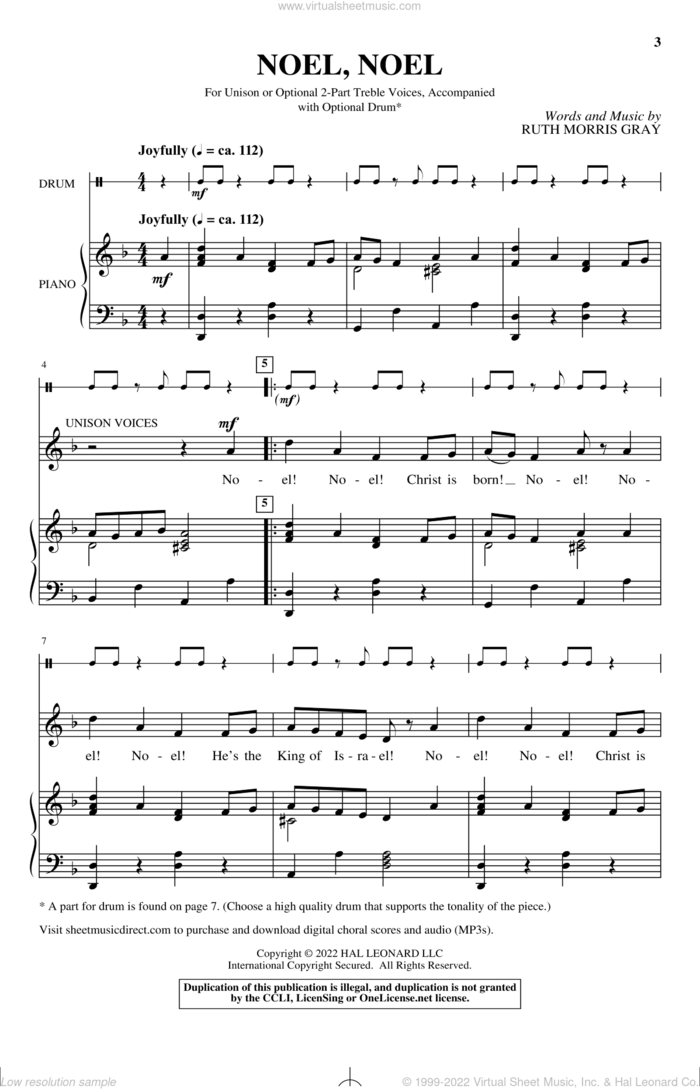 Noel, Noel sheet music for choir (Unison) by Ruth Morris Gray and Miscellaneous, intermediate skill level