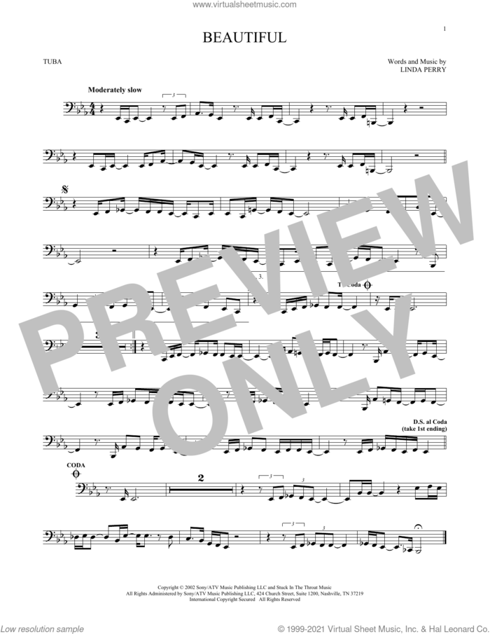 Beautiful sheet music for Tuba Solo (tuba) by Christina Aguilera and Linda Perry, intermediate skill level