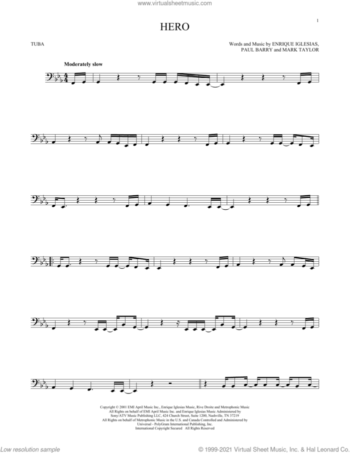 Hero sheet music for Tuba Solo (tuba) by Enrique Iglesias, Mark Taylor and Paul Barry, intermediate skill level