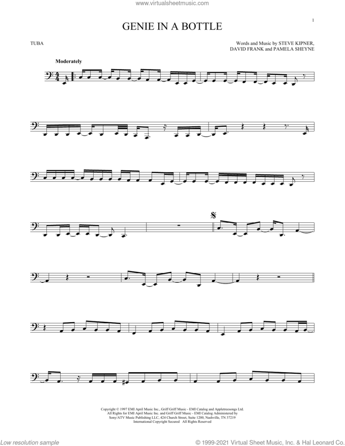Genie In A Bottle sheet music for Tuba Solo (tuba) by Christina Aguilera, David Frank, Pam Sheyne and Steve Kipner, intermediate skill level