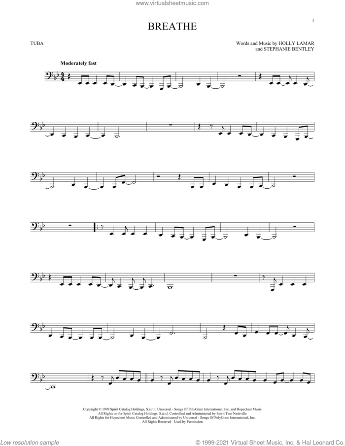 Breathe sheet music for Tuba Solo (tuba) by Faith Hill, Holly Lamar and Stephanie Bentley, intermediate skill level