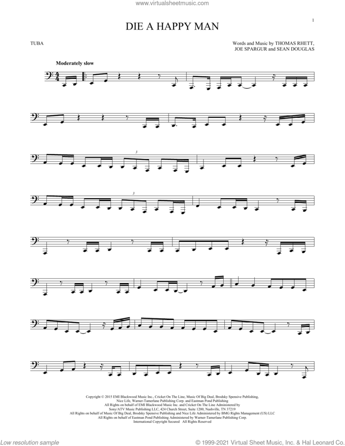 Die A Happy Man sheet music for Tuba Solo (tuba) by Thomas Rhett, Joe Spargur and Sean Douglas, intermediate skill level