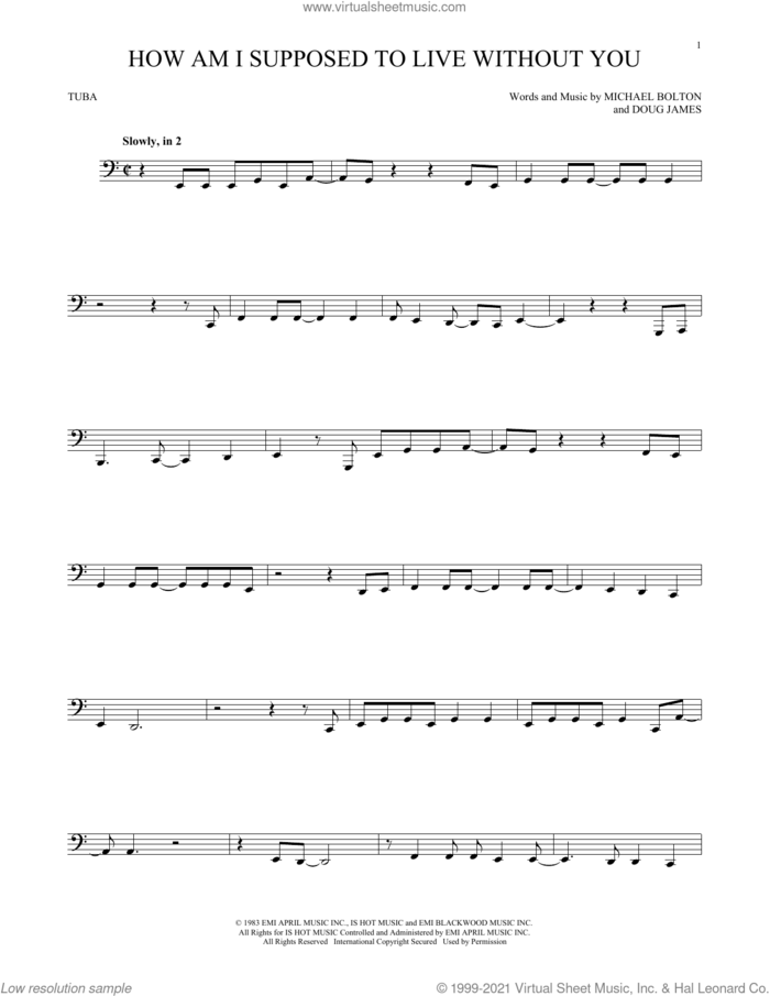 How Am I Supposed To Live Without You sheet music for Tuba Solo (tuba) by Michael Bolton and Doug James, intermediate skill level
