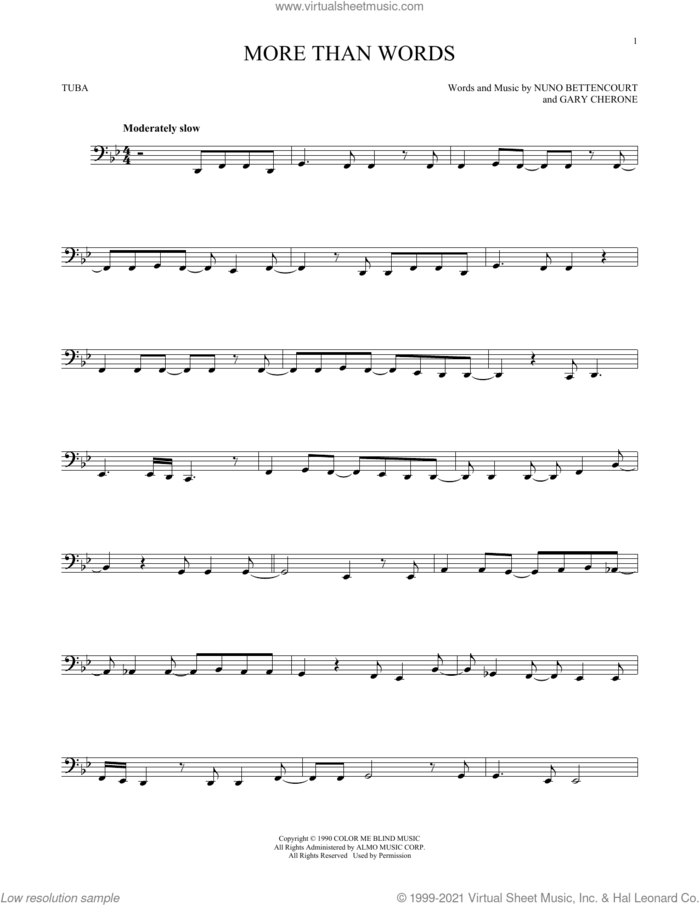 More Than Words sheet music for Tuba Solo (tuba) by Extreme, Gary Cherone and Nuno Bettencourt, intermediate skill level