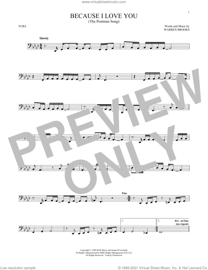 Because I Love You (The Postman Song) sheet music for Tuba Solo (tuba) by Stevie B and Warren Brooks, intermediate skill level