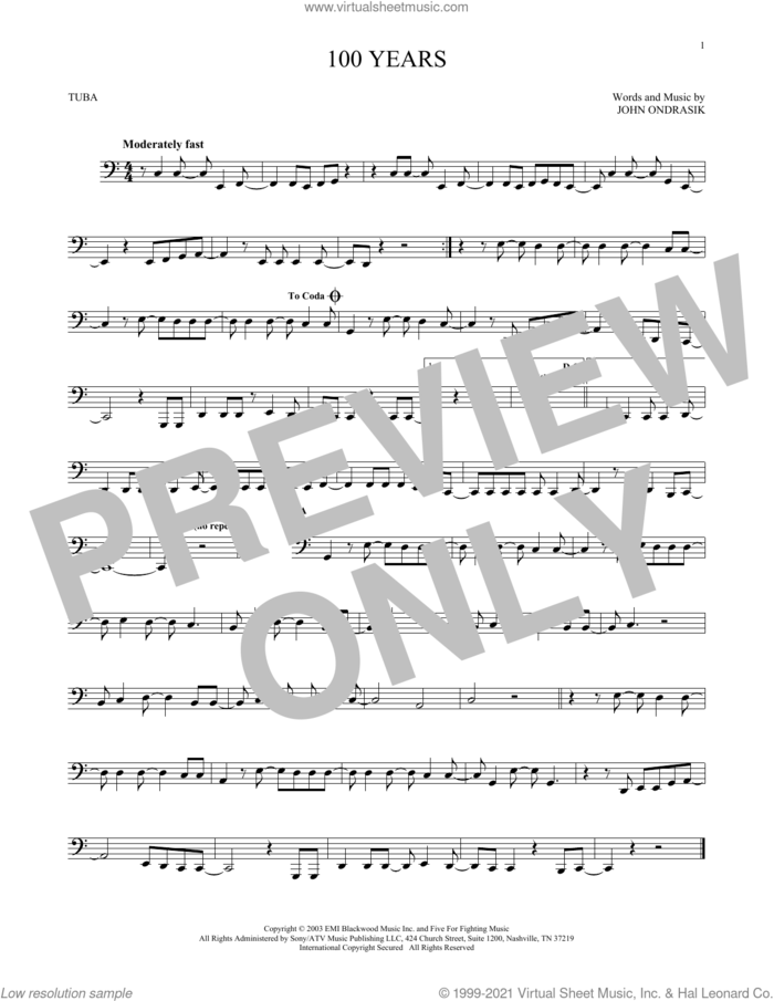 100 Years sheet music for Tuba Solo (tuba) by Five For Fighting and John Ondrasik, intermediate skill level