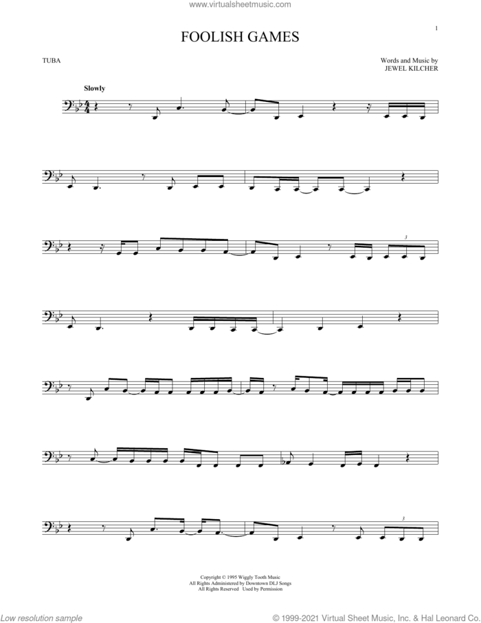 Foolish Games sheet music for Tuba Solo (tuba) by Jewel and Jewel Kilcher, intermediate skill level
