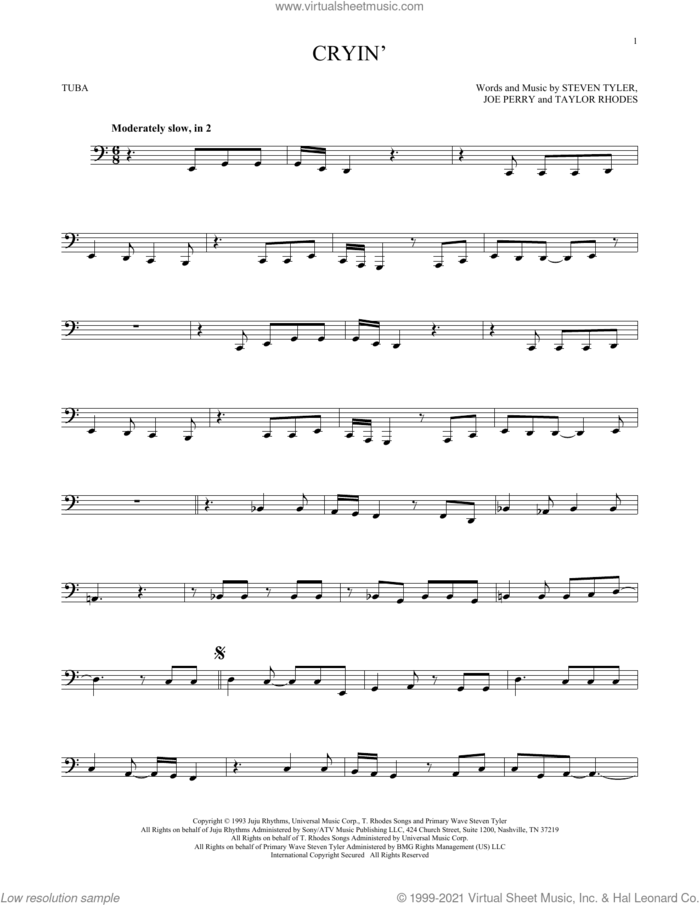 Cryin' sheet music for Tuba Solo (tuba) by Aerosmith, Joe Perry, Steven Tyler and Taylor Rhodes, intermediate skill level