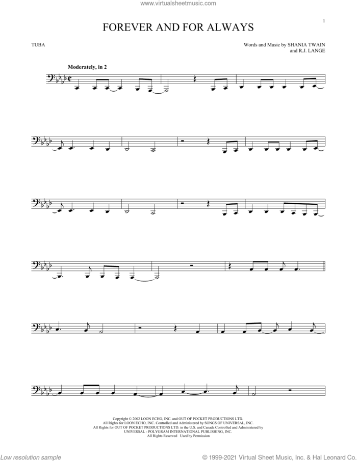 Forever And For Always sheet music for Tuba Solo (tuba) by Shania Twain and Robert John Lange, intermediate skill level