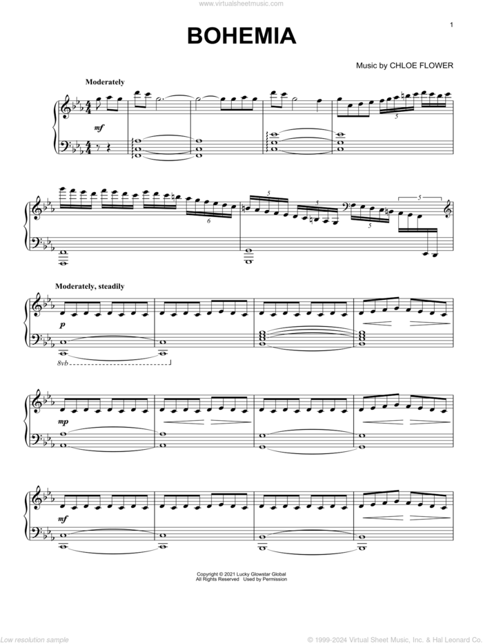 Bohemia sheet music for piano solo by Chloe Flower, classical score, intermediate skill level