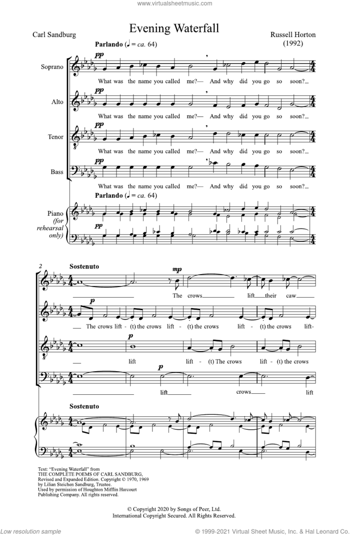 Evening Waterfall sheet music for choir (SATB: soprano, alto, tenor, bass) by Russell Horton, Harold Rosenbaum and Carl Sandburg, intermediate skill level