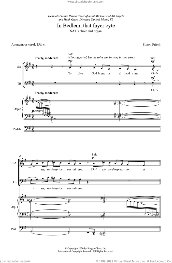 In Bedlem, That Fayer Cyte (In Bethlehem, That Fair City) sheet music for choir (SATB: soprano, alto, tenor, bass) by Simon Frisch and Harold Rosenbaum, intermediate skill level