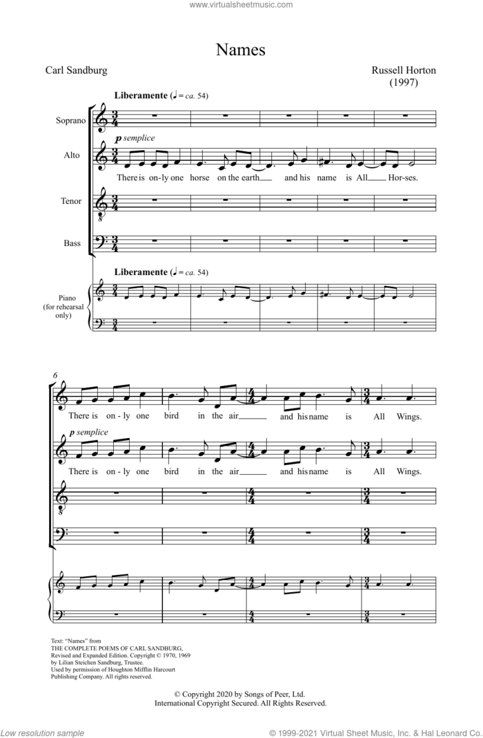 Names sheet music for choir (SATB: soprano, alto, tenor, bass) by Russell Horton, Harold Rosenbaum and Carl Sandburg, intermediate skill level