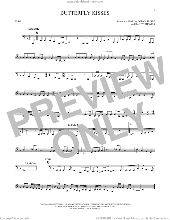 Butterfly Kisses sheet music for Tuba Solo (tuba) by Bob Carlisle, Jeff Carson, Raybon Bros. and Randy Thomas, wedding score, intermediate skill level