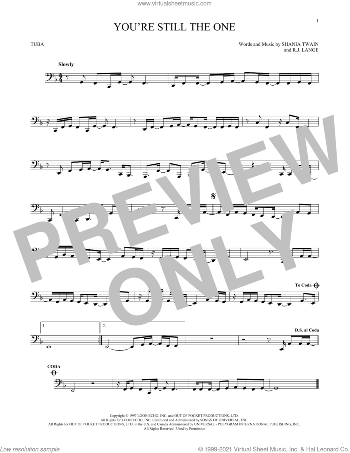 You're Still The One sheet music for Tuba Solo (tuba) by Shania Twain and Robert John Lange, intermediate skill level